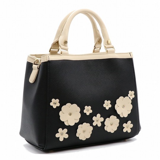 花モチーフ付き 2WAY ハンドバッグ ビジュー ショルダー付き 自立
